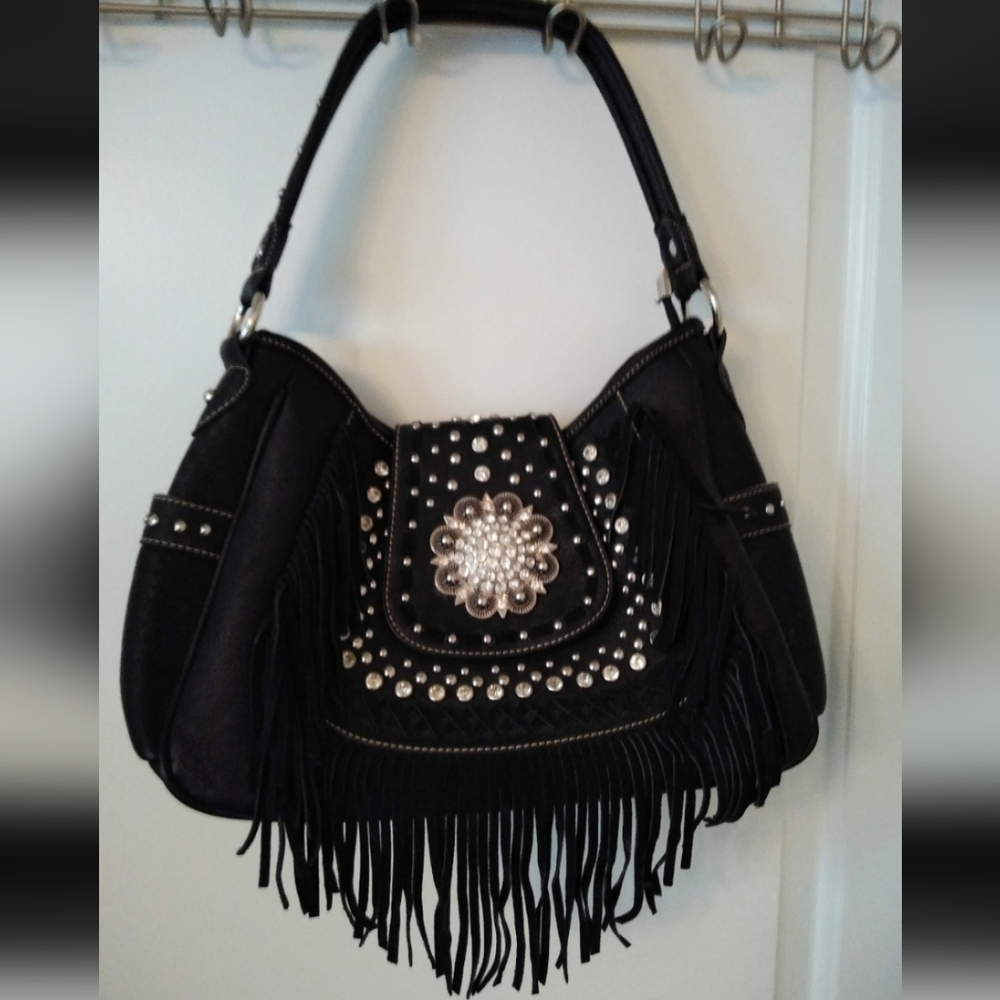 NWOT Montana West Black Suede Hobo Bag With Fringe & Rhinestone Detailing